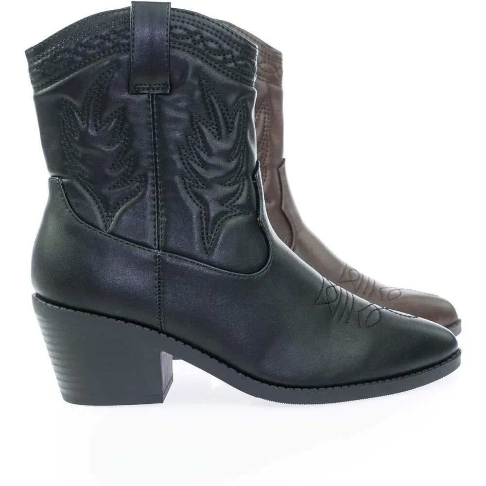 Women's Black Western Cowgirl Stitched Mid Calf Ankle Boots Side Zipper